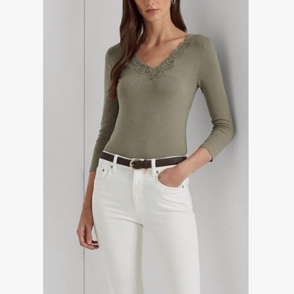 LAUREN RALPH LAUREN Petite Lace-Trimmed V-Neck Top - Picture 4 of 4